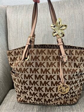 Michael Kors Brown MK Logo Tote with Gold Accents
